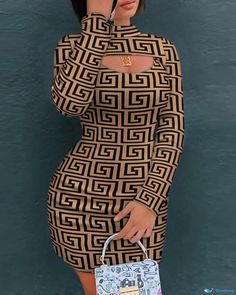 OrcaJump - Contemporary Geometric Print Cutout Bodycon Dress with Long Sleeves Low Cut Bodycon Dress, Chic Bodycon Dress, Dollar Dress, Women Bodycon Dress, Brown Outfit, Neck Bodycon Dress, Printed Bodycon Dress, Sleeve Bodycon Dress, Business Dresses