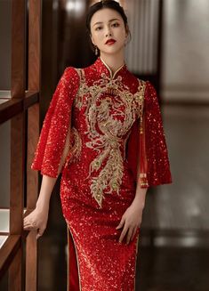 Red phoenix sequin cheongsam wedding dress Red Cheongsam With Stand Collar For Parties, Red Long Sleeve Cheongsam For Party, Long Festive Cheongsam For Party, Cheongsam Gown, Qipao Gown, Red Chinese Wedding Dress, Traditional Qipao, Chinese Gown, Chinese Wedding Dress Traditional