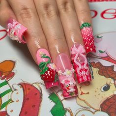 Strawberry Nails Acrylic, Decora Nails, Strawberry Shortcake Nails, Strawberry Vines, Cake Nails, Strawberry Nails, Berry Nails, Kawaii Nail Art