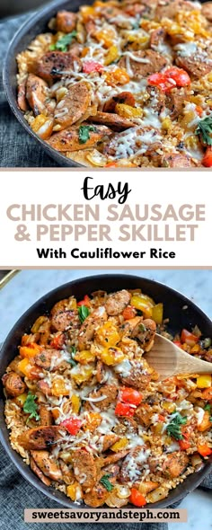 chicken, sausage and pepper skillet with cauliflower rice in a cast iron skillet