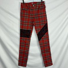 New With Tag 4tripp Red Plaid Lace Skinny Pants Color: Red/.Black / Yellow/Green/White Size: 5 Pockets In Front And In The Back Measures Approximately (Take Flat) Front Crotch :10” Back Crotch: 12” Length: 40 1/2” Inseam: 30 1/2” Waistline: 14” Please Check Size And Measurements Before Buying All Photos Were Taken By Me Except The Last One That Were Used To Show How The Item Fit Same Day Shipping Please Feel Free To Ask Any Question All Sales Are Final Thank You Red Plaid Pants, Plaid Pants, Pants Color, Red Plaid, Black N Yellow, Bones, Black And Red, Plaid, Feel Free