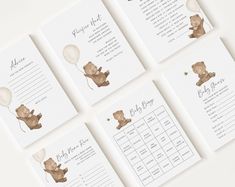 four baby shower games with teddy bears and balloons on the front, in white paper