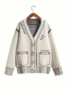 Plus Size Women's White V-Neck Long Sleeve Knit Cardigan White Casual  Long Sleeve Knitted Fabric Colorblock,Letter,Striped  High Stretch  Women Plus Clothing, size features are:Bust: ,Length: ,Sleeve Length: Winter Black And White, Korean Fashion Fall, Y2k Cardigan, Fall Cardigan, Áo Len Cardigan, Long Sleeve Knitted Cardigan, Winter Vest, Fitted Cardigan, Plus Size Cardigans