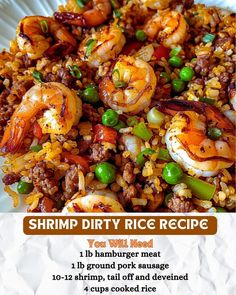 shrimp, rice and peas on a white plate with text overlay that says shrimp dirty rice recipe