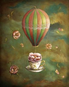 an oil painting of a hot air balloon with flowers in it and a coffee cup on the saucer