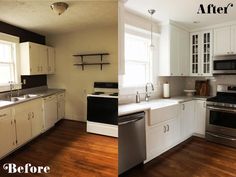 before and after pictures of a kitchen with white cabinets, stainless steel appliances and wood floors