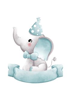 an elephant wearing a party hat and sitting on top of a blue ribbon with a banner around it