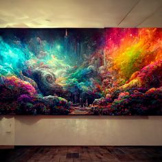 a large colorful painting hanging on the side of a wall next to a wooden floor