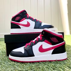 Nike Air Jordan 1 Mid Gs Very Berry Brand New Factory Laced Original Box 5.5 Youth = Women’s 7 - No Box 6 Youth = Women’s 7.5 Select Women’s Size To Check Out 100% Authentic Ships Within 24 Hours Final Sale Black Nike Air Jordans, Sneakerhead Room, Jordan 1 Low White, Nike Box, Air Jordan 1 Mid Gs, Girls Tennis Shoes, Nike Kicks, Man Outfit, White Nike Shoes