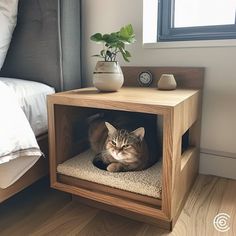 a cat is sitting in a small wooden box on the floor next to a bed