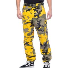 Rothco Bdu Stinger Yellow Camo Cargo Pants Waist Size 27 To 31 In Casual Yellow Bottoms With Cargo Pockets, Casual Yellow Pants With Cargo Pockets, Yellow Urban Streetwear Bottoms, Yellow Streetwear Pants With Pockets, Yellow Pants With Pockets For Streetwear, Yellow Streetwear Bottoms With Side Pockets, Yellow Cotton Pants With Cargo Pockets, Yellow Cotton Cargo Pants, Casual Yellow Cargo Pants For Streetwear