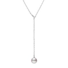 From MIKIMOTO, this elegant and modern drop-lariat necklace design features a shimmering motif. Crafted in 18k white gold, this necklace boasts an A+ quality 7.5mm Akoya cultured pearl with 0.08ctw of diamonds adorning the clip that holds the necklace in place. The chain measures 17.5 inches in length and the drop is 2 inches in length. White Briolette Diamond Necklace For Formal Occasions, Luxury Sterling Silver Drop Necklace For Formal Occasions, Luxury Sterling Silver Drop Necklace For Formal Events, Luxury White Gold Lariat Diamond Necklace, Luxury White Gold Drop Necklaces, Elegant Dangle Lariat Necklace With Pearl Pendant, White Gold Lariat Diamond Necklace For Formal Occasions, Elegant Single Strand Drop Necklace For Formal Occasions, Formal White Gold Lariat Diamond Necklace