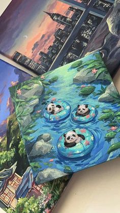 three paintings depicting pandas floating in the water