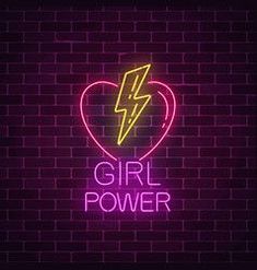 girl power neon sign on brick wall with heart and lightning bolt in the center illustration