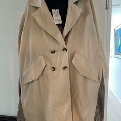 Zara Mixed Fabric Waterproof Trench. Micro Check In Khaki And Brown With Classic Tan Twill. Drawstring Waist In Back. Belted. Xl. Nwt. Oversized. Zara Khaki Outerwear For Work, Spring Beige Raincoat With Pockets, Beige Workwear Raincoat With Pockets, Zara Jackets, Mixing Fabrics, Check In, Drawstring Waist, Trench Coat, Jackets & Coats