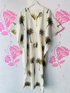 "BohoRobes New Palm Tree Caftan Dress, Beach Wear Dress, Nightwear Gown, Cotton Kaftan Dress, Summer, Holiday, Resort, Cruise Party Dress  Size - Free Size Length - 44/ 48/ 52 Inches Bust/chest size - 120 CM/ 46 Inches Fabric - 100% Cotton Pattern - Palm Tree Print Kaftan has Adjustable Drawstring Waist to loose or tight , Kaftan has V Shape Neck Which is 8\" Inches Deep. Kaftan Is Multi-purpose and can be worn as a cover up at the Beach ,Lounge wear ,sleepwear ,Pregnant Women Hospital Gown for Newly Moms ,Maxi Dress ,Free Dress etc . This kaftan, made from incredibly soft and lightweight cotton, is versatile for many occasions. Perfect for a swimsuit cover up on the beach or by the pool, with shorts and a tank top or over a summer dress. Can be also worn with a glam belt for a more dresse Green Short Sleeve Summer Nightgown, White Cotton Lounge Dress, Long Summer Nightgown For Loungewear, Summer Long Nightgown For Loungewear, Long Summer Sleepwear For Lounging, White Maxi Kaftan For Loungewear, White Maxi Length Kaftan For Loungewear, White Maxi-length Kaftan For Loungewear, Bohemian Summer Sleepwear