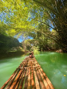 a person sitting on top of a bamboo raft in the middle of a river surrounded by trees