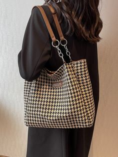 Multicolor Elegant Collar  Fabric Houndstooth,Letter Shoulder Tote Bag Embellished   Women Bags Trending Bags Fabric, Trending Totes, Tote Leather Bag, Tweed Handbag, Handwoven Bag, My Style Bags, Bag Minimalist, Trendy Office, Jute Tote Bags