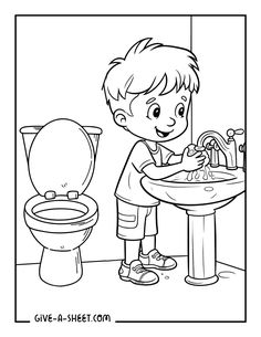 the boy is washing his hands in the bathroom sink coloring pages for kids to color