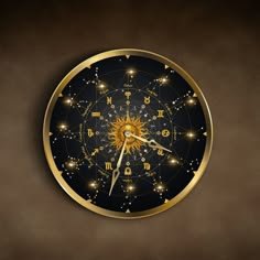 a gold clock with zodiac signs and stars in the middle on a dark background,