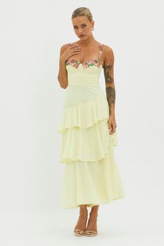 Shop the Rose Garden Tiered Ruffle Floral Trim Dress Lemon | Selfie Leslie Floral Bridesmaid Dresses, Selfie Leslie, Yellow Bridesmaid Dresses, Yellow Bridesmaids, Garden Dress, Trim Dress, Lace Bodycon Dress, Blue Bridesmaids, Iron Material