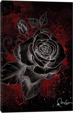 a black rose with red splatters on it's petals is shown in this artistic