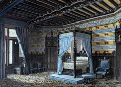 an artistic rendering of a bedroom with four poster bed and blue drapes on the ceiling