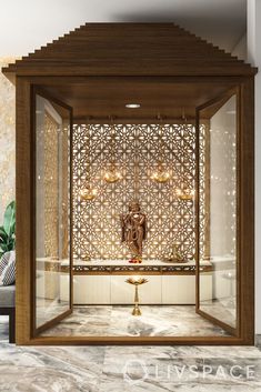 an intricately designed display case in the corner of a room with marble floors and walls