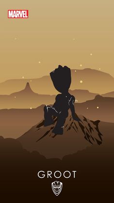 the silhouette of a groot sitting on top of a mountain with an orange sky in the background