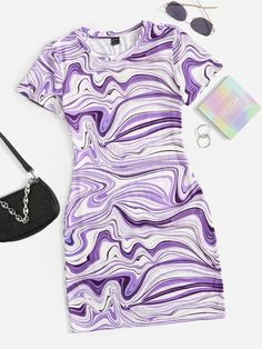 Floral Fantasy Allover Print Round Neck Dress Trendy Multicolor Abstract Print Dress, Trendy Multicolor Printed Dresses, Spring Multicolor Abstract Print Mini Dress, Summer Cotton Dress With All Over Print, Purple Printed Dress For Spring, Purple Cotton Printed Dresses, Purple Printed Cotton Dress, Printed Cotton Purple Dresses, Trendy Printed Mini Dress For Spring