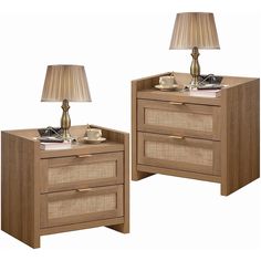 two nightstands with one lamp on each side and the other turned off to look like an end table