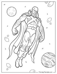 superman flying over the planets with his cape open in black and white coloring book page