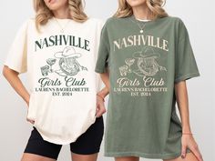 Celebrate in style with our Bachelorette Party Shirts from The Bach Club! These custom, personalized luxury bachelorette shirts are perfect for your Nashville Bach party, making unforgettable memories with your squad.  #BacheloretteParty #Bridetribe #BacheloretteWeekend #Nashivellebach #CustomBachelorette Comfort Colors® tees are classic garment-dyed shirts that resist pilling. Features a trendy retro vintage look and stunning colors. Incredibly soft and comfortable, perfect with shorts, skirts, Nashville Bachelorette Party Shirts, Nashville Bachelorette Shirts, Custom Bachelorette Shirts, Cowgirl Bride, Luxury Bachelorette, Western Bachelorette, Nashville Bachelorette Party, Nashville Bachelorette, Look Retro