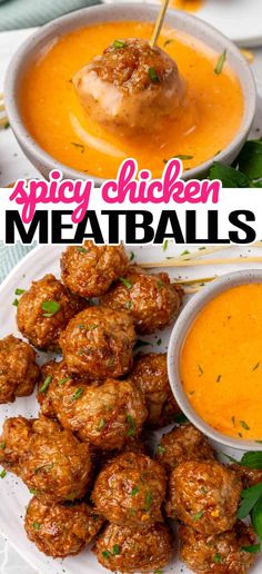 two plates filled with meatballs next to a bowl of soup and another plate full of chicken meatballs