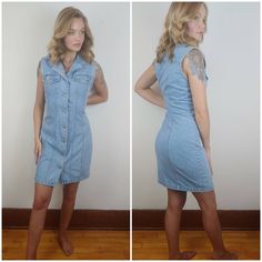 "How cute is this dress with the fun collar and button front! It is in a very lovely light denim and there are no major flaws to note- there is a repair I did personally around one of the buttons. This has been photographed- there was a little tear there that has been mended. This is tagged a medium, but I have provided measurements to ensure fit. This dress does a have a little bit of stretch and isn't super ridged denim. Measurements are taken flat and doubled where needed. Bust: 36\" Waist: 31\" Hip: 38\" Length: Just over 33.5\" from top of shoulder to bottom. Model is 5'5\" and typically a size small. This item has been pinned for photos.  Dopey Dog Vintage is a resale shop. While my dog Bandit is present in my home, items are stored away from him. If an allergy is a concern and you a Light Wash Chambray Denim Dress, Knee-length Light Wash Chambray Denim Dress, Collared Denim Dress With Buttons, Collared Light Wash Dress With Buttons, Light Wash Collared Denim Dress, Light Wash Collared Dress With Buttons, Light Wash Chambray Denim Dress Knee-length, Light Wash Denim Dress With Collar, Collared Light Wash Dress With Button Closure