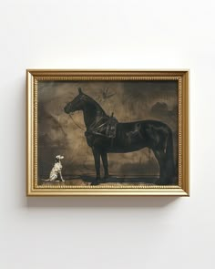 a black and white photo of a horse standing next to a small dog on a wall