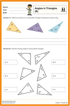 Year 6 Worksheet: Angles in Triangles Sum Of Angles In A Triangle, Year 6 Maths Worksheets, Year 6 Maths, Ks2 Maths, Angle Relationships, Triangle Angles, Angles Worksheet, Triangle Worksheet, Mid Term