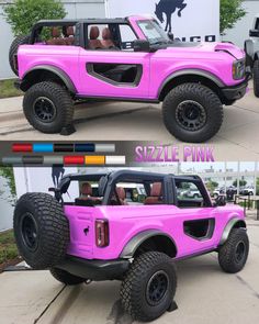 the pink jeep is parked on the side of the road