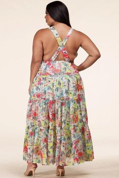 Polyester %: 100 Spring Palm Tree Print Maxi Dress falls from crisscrossing spaghetti straps, into a plunging surplice neckline, and sleeveless, princess-seamed bodice. Elasticized waist sits above a flowing full tiered maxi skirt. Self: 100% Polyester Lining : 100% Polyester Elasticized Waist Model is wearing 2x Spring Dresses With Straps And Cross Back, Spring Beach Dress With Crisscross Design, Flowy V-neck Dress With Crisscross Straps, Godet Dress, Turquoise Tie, Maxi Dresses Fall, Tiered Maxi Skirt, Palm Tree Print, Soft Floral