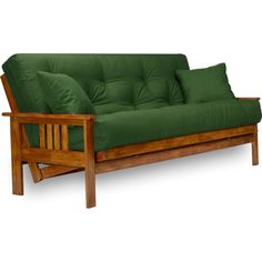 a wooden futon with two pillows on it's back and the top half turned down