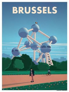 an advertisement for brussels with people walking and bicycles in the foreground, against a blue sky