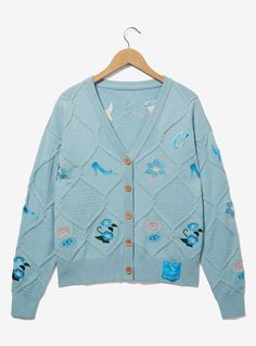 Be the talk of the ball in this Cinderella-inspired cardigan! This cable-knit sweater features embroidered glass slippers  blossoms  and buttons  along with a "C" on the front. Don't forget the custom tag stamped with Cinderella's approval!A BoxLunch Exclusive!50% rayon; 30% recycled polyester; 20% nylonListed in women's sizes; unisex silhouetteWash cold with like colors; dry lowImported Disney Clothes For Women Vintage, Disney Bound Cinderella Casual, Cinderella Disneybound, Diamond Cardigan, Toddler Cardigan, Plus Size Cardigan, Royal Ball, Glass Slippers, Disney Cinderella