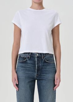 Adine Shrunken Tee in White – AGOLDE Everyday Cotton Cropped Hem Tops, Cotton Cropped Hem Tops For Everyday, Cropped Cotton Tops For Everyday, Cotton Relaxed Fit Cutoff Tops, Fitted Cotton Cutoff Top, Cotton Cutoff Tops For Everyday, Relaxed Fit Cotton Cutoff Tops, Trendy Cutoff Tops For Everyday, Trendy White Cutoff Tops