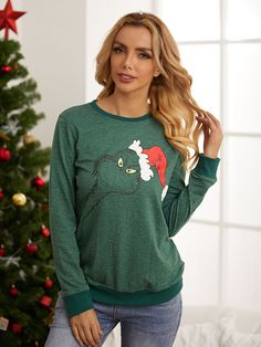 Green Christmas Monster Elements Print Long Sleeve Sweatshirt Winter Holiday Long Sleeve T-shirt, Green Tops For Fall Holiday, Green Holiday Sweatshirt For Fall, Green Fall Holiday Sweatshirt, Green Long Sleeve Holiday Top, Casual Green Holiday Sweatshirt, Casual Green Sweatshirt For Holidays, Green Letter Print Tops For Winter, Casual Long Sleeve Tops For Holiday