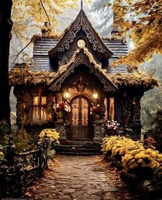 a house that is in the woods with lots of trees and leaves on it's roof