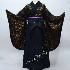 Item: Furisode Kimono & Hakama , Jyuban & Obi set No. yko241 Size: US L / Kimono Weidth 68cm Length 165cm / Hakama Length 91cm Weidth - fit many sizes Condition: NEW. Please check the photos. If you are 160-170cm tall, This kimono set will fit well. Traditional Fitted Black Kimono, Fitted Black Traditional Kimono, Fitted Traditional Black Kimono, Elegant Black Kimono For Formal Occasions, Elegant Black Formal Kimono, Traditional Black Kimono For Tea Ceremony, Furisode Kimono, Hakama Pants, Kimono Japan