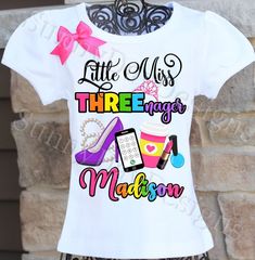 A fun, unique Threenager birthday shirt personalized with your child's name. All shirts are 100% cotton.  I use a professional heat press to transfer the image, NOT a home iron.  I will personalize it with your child's name and age for no additional cost.  The puffy sleeve tee comes in sizes 12 month - size 12 . I also carry the same brand shirt in a tank top style as well as long sleeved.  I also have Carter's bodysuits in sizes newborn - 24 months. Youth and adult sizes are unisex t-shirts. Some customers feel that the unisex youth t-shirts run small, so please check the size charts before ordering.  *Please note heat pressed shirts may become distressed through wash/wear.  Always wash them inside out on a delicate cycle using mild detergent and no bleach. **Long sleeve and tank top opti Customizable Cotton T-shirt For Party, End Of School Year Birthday T-shirt With Name Print, Threenager Birthday Party Ideas, Third Birthday Party Ideas, Threenager Birthday Party, Threenager Birthday, Heat Press Shirts, Rhinestone Projects, Third Birthday Party