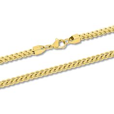 This classic solid franco chain necklace is crafted of stunning yellow ion-plated stainless steel and the 24-inch chain secures in place with a lobster clasp. Yellow Gold Stainless Steel Box Chain Necklace, Gold Stainless Steel Jewelry With Curb Chain, Gold Stainless Steel Curb Chain Jewelry, Yellow Gold Stainless Steel Necklace With Curb Chain, Gold Stainless Steel Necklace With Curb Chain, Stainless Steel Cuban Link Necklaces With Lobster Clasp, Stainless Steel Cuban Link Necklace With Lobster Clasp, Yellow Gold Metal Jewelry With Wheat Chain, Gold Stainless Steel Necklace With Wheat Chain