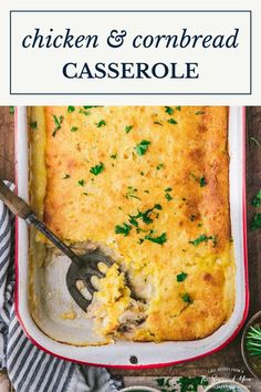 chicken and cornbread casserole in a red dish with a serving utensil