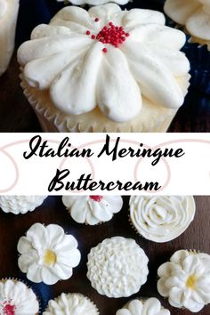 some cupcakes with white frosting and flowers on them